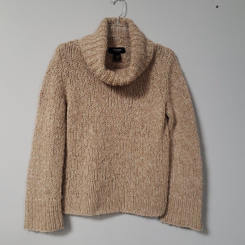 Express Sweater Womens Large  Handknit Wool Blend Turtleneck Chunky Cozy Camel